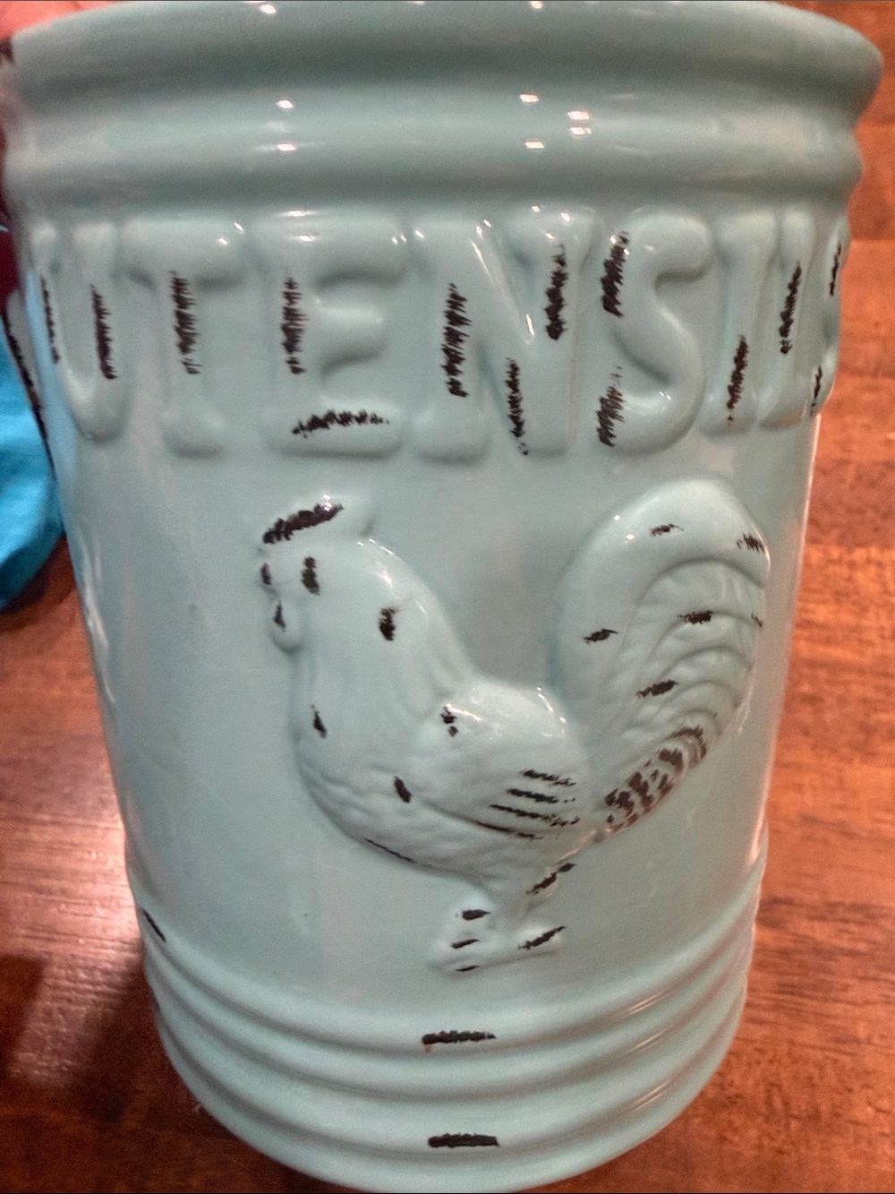 Light Blue Ceramic Rooster Utensil Holder - Decorative Farmhouse Accent
